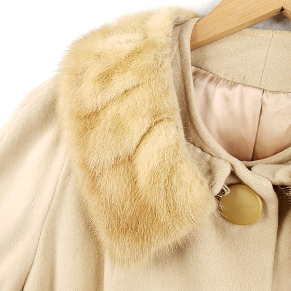 Vintage 60s 100% Cashmere Women's Tan Winter Coat Fur Jacket - Picture 5 of 16